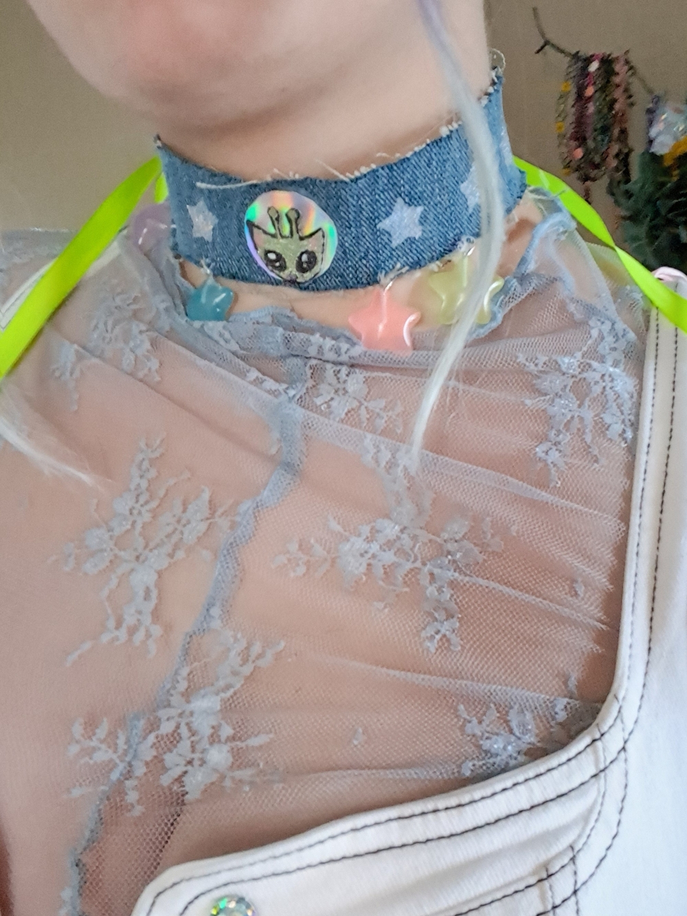 Gleeby Deeby Alien Cat Denim Ribbon Choker
